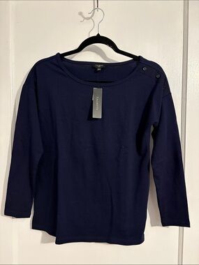 Talbots Petites Navy Button-Shoulder Long Sleeve Tee Shirt